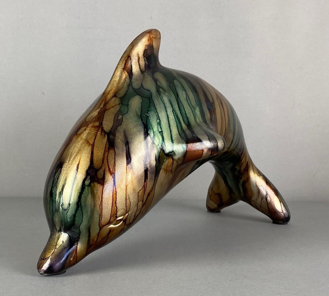 Metal Dolphin Acrylic Drip Glaze Figurine: Measures 9 1/2” H x 7” W x 15 3/4” D