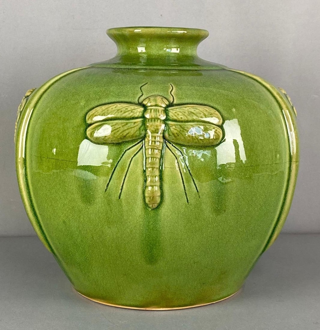 Dragonfly Green Art Pottery Vase: Measures 11” H x 11” W
