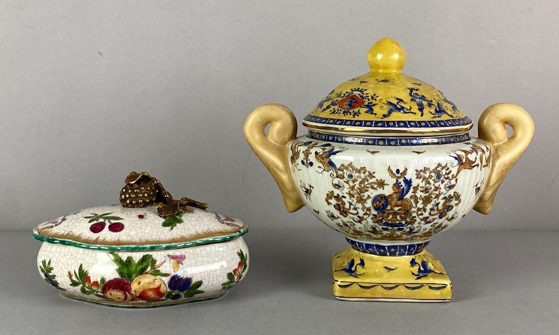 Group of 2 1897 Hand Painted Porcelain Covered Dishes: crazing throughout, both marked on base, largest measures 8” H x 9” W x 6” D