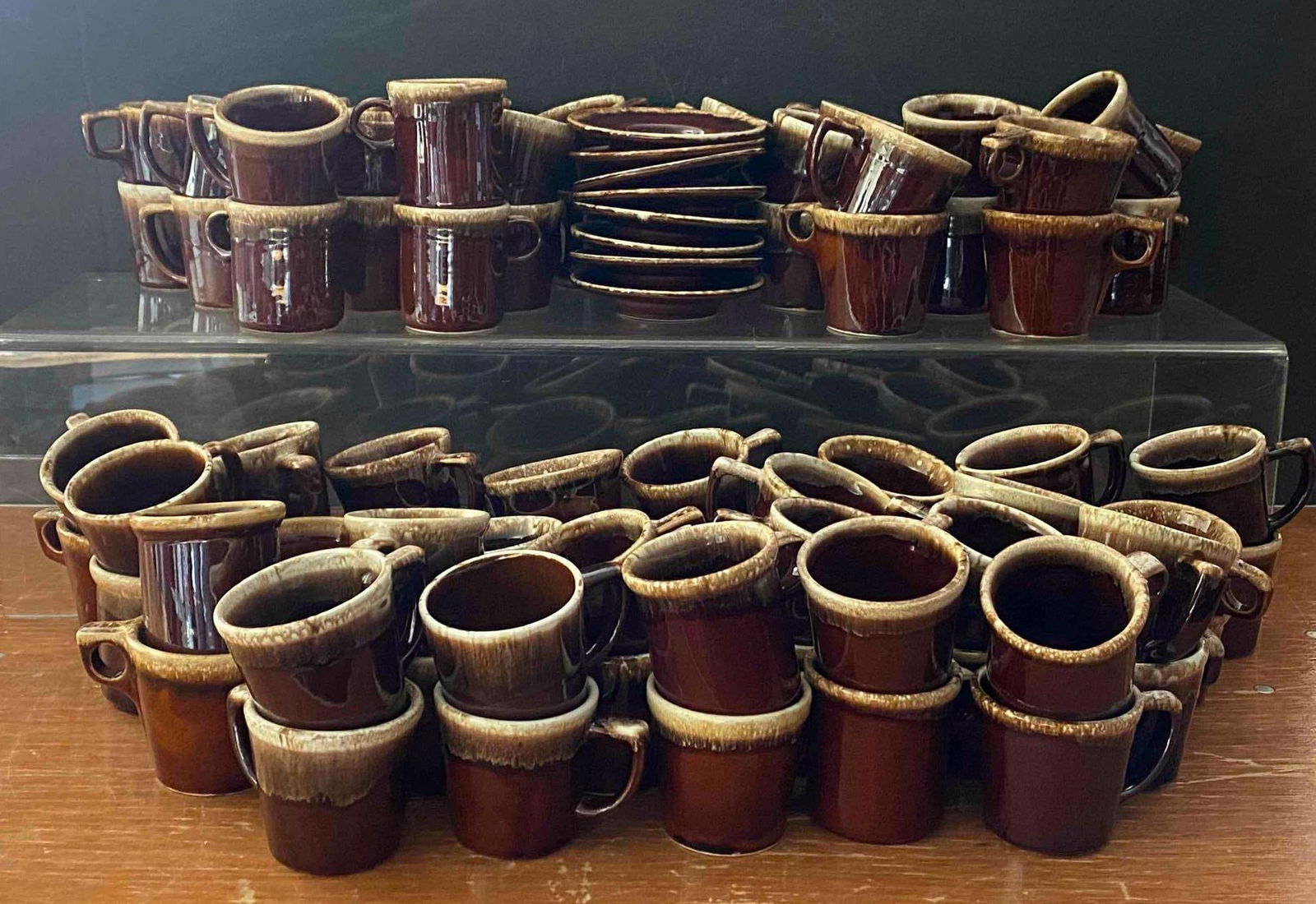 Group of McCoy Drip Glaze Mugs and Plates: THIRD PARTY SHIPPING RECOMMENDED, Most mugs measure 3 1/2” H x 4 1/2” W x 3 1/2” D