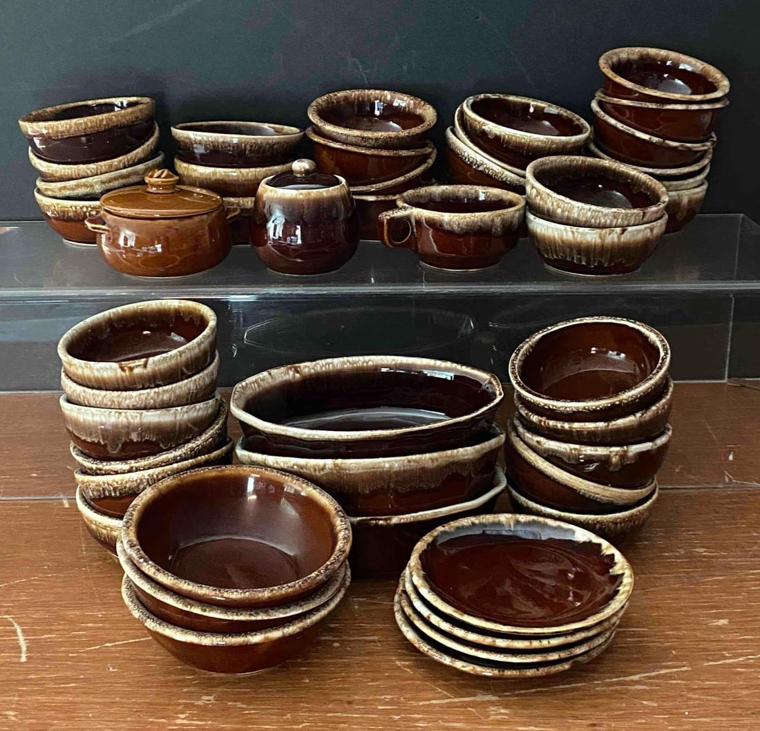Group of McCoy Drip Glaze Bowls and More: includes jars, bowls, plates and more, largest measures 3” H x 9” W x 6” D