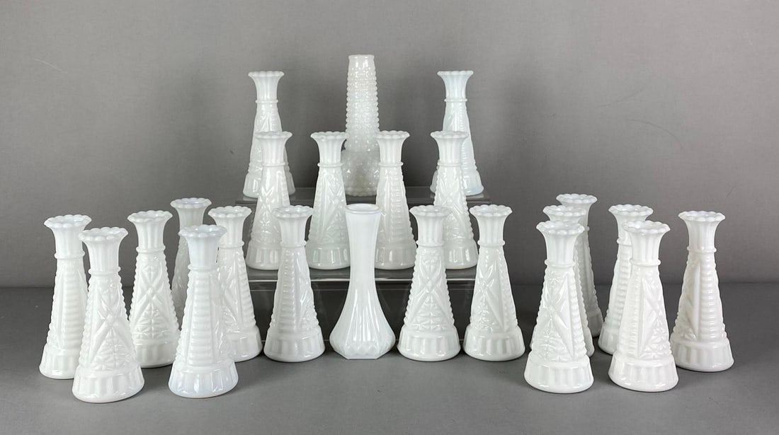 Group of Pressed Milk Glass Vases: Includes one Hoosier glass vase, some small chips on rims, largest measures 6 3/4” H x 3 1/2” W