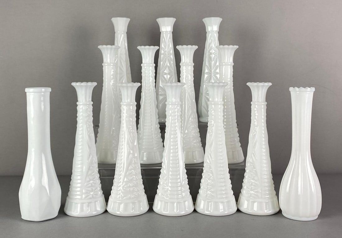 Group of Pressed Milk Glass Vases: Largest measures 9” H x 3” W