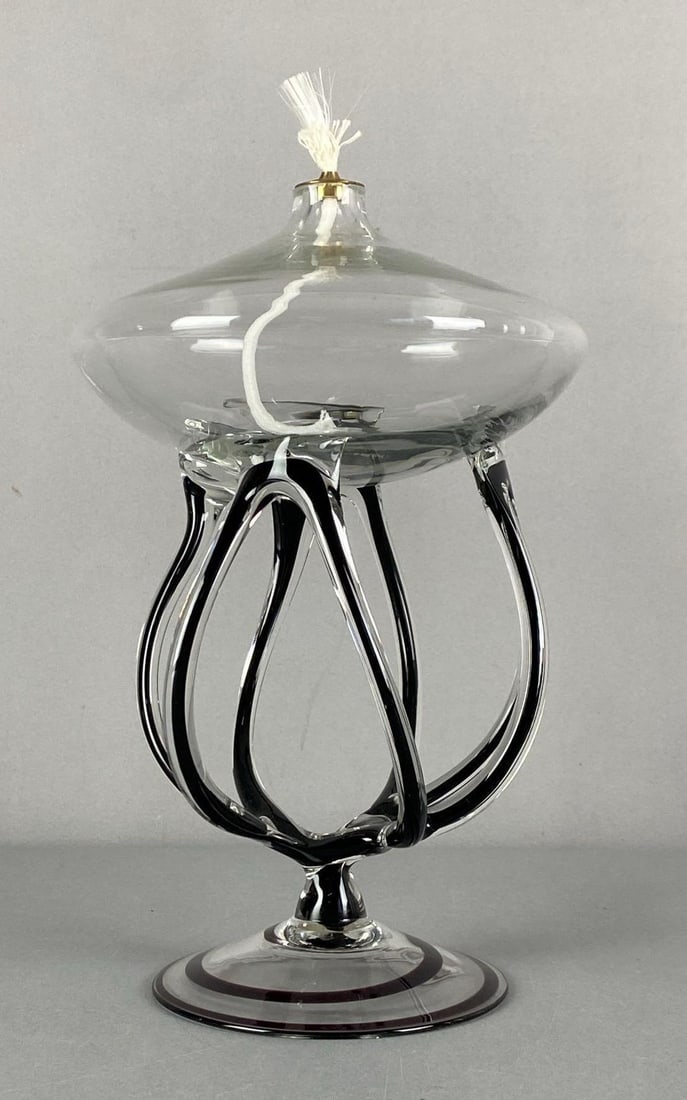 Candleman Amethyst Swirl Art Glass Oil Lamp: Measures 11” H x 7” W x 7” D