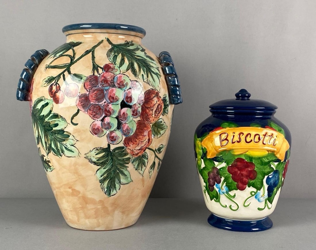 Group of 2 Grape Motif Pottery Vases: Largest measures 12” H x 10” W x 9” D