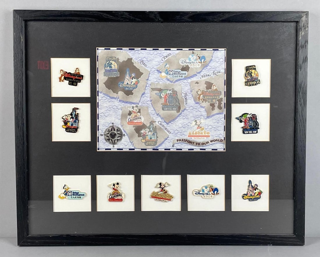 Walt Disney World Passport to our World Enamel Pin Set: Pins around the world, frame measures 17" x 21"
