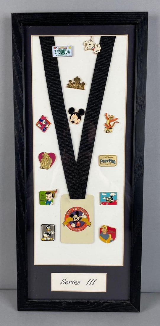 Walt Disney Series III Enamel Pin Display: Includes Mickey, Peter Pan, tigger, frame measures 21" x 9"