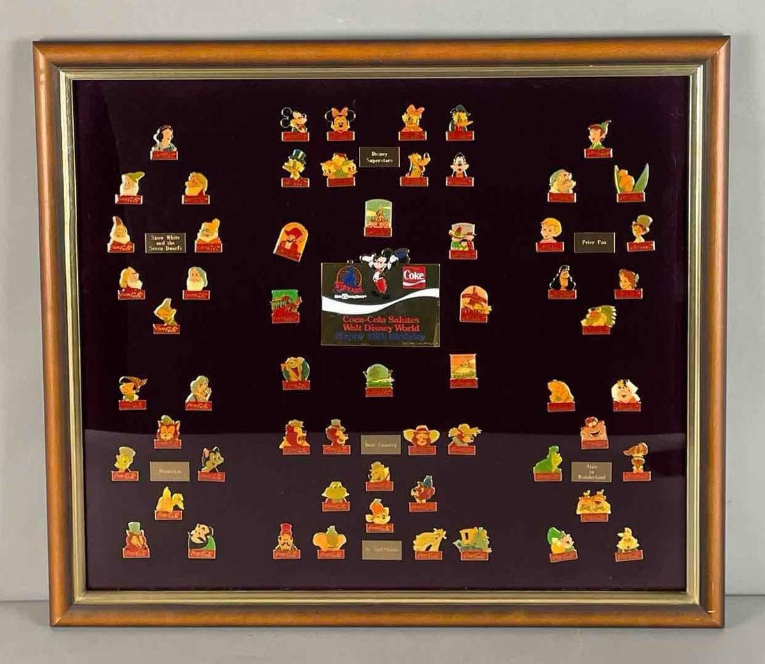 Coca-Cola Salutes Disney World 15th Birthday Enamel Pin Set: Frame measures 22 1/2" x 25 3/4"