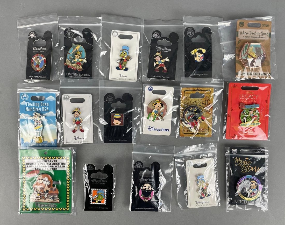 Group of Walt Disney Pinocchio Enamel Pins: Includes LE, Jiminy cricket, Epcot