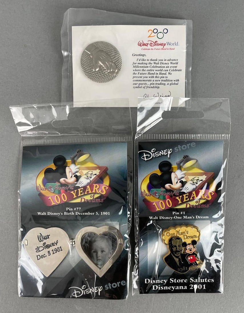 Group of 2 Walt Disney 100 Years of Dreams Pins and More: Includes millennium Disney world pin, lenticular locket