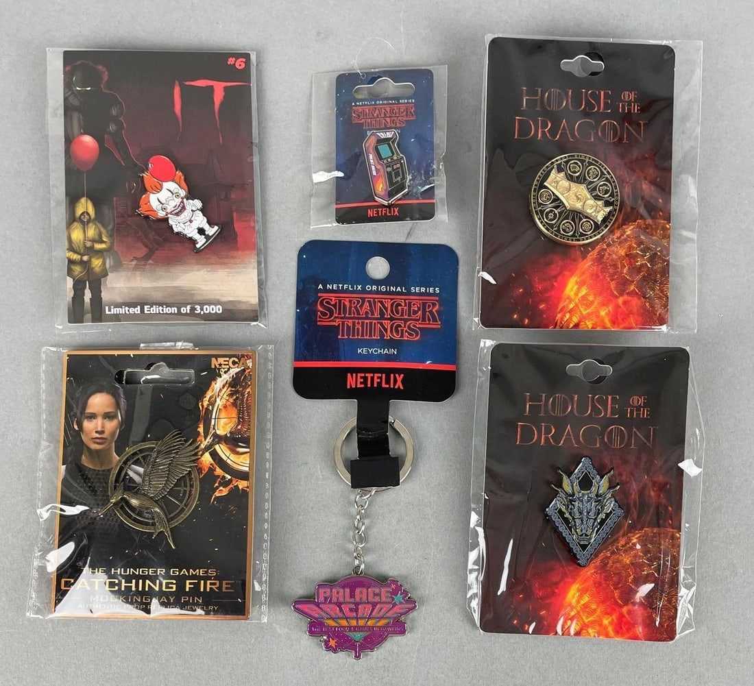 Group of Pop Culture Enamel Pins: Includes stranger things, it, house of the dragon, hunger games