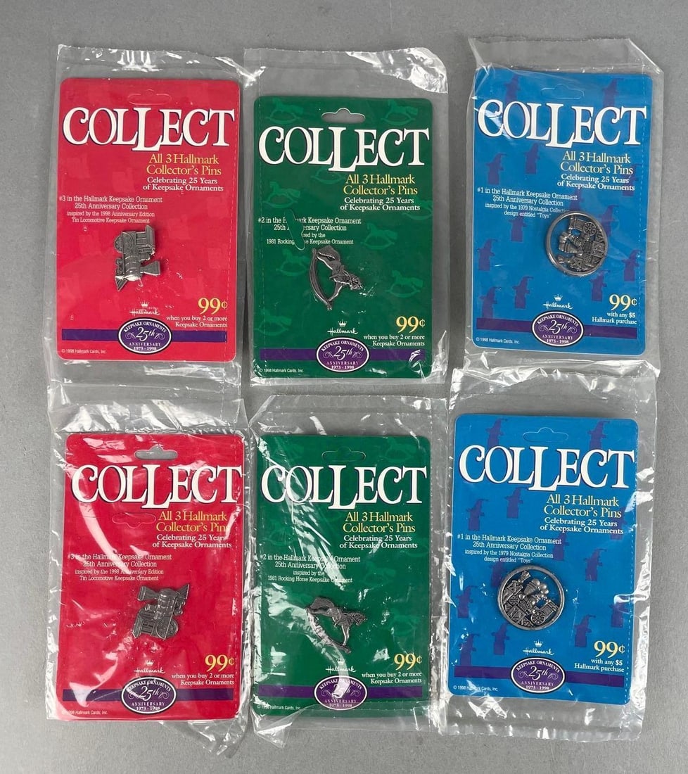 2 Sets of 3 25th Anniversary Hallmark Keepsake Collectors Pins: 25 years of keepsake ornaments