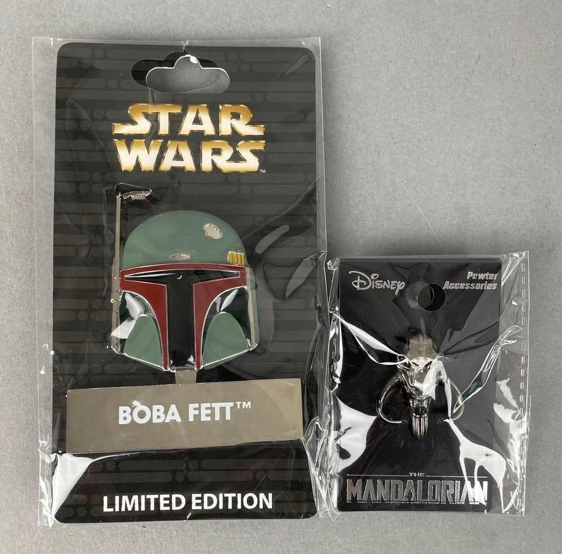 Group of 2 Walt Disney Star Wars Enamel Pins: Includes LE boba Fett, pewter Mandalorian