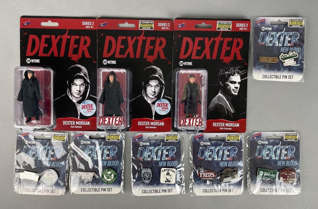 Group of Bif Bang Pow Dexter New Blood Enamel Pins and More: Includes exclusive edition no. 112/304 action figure