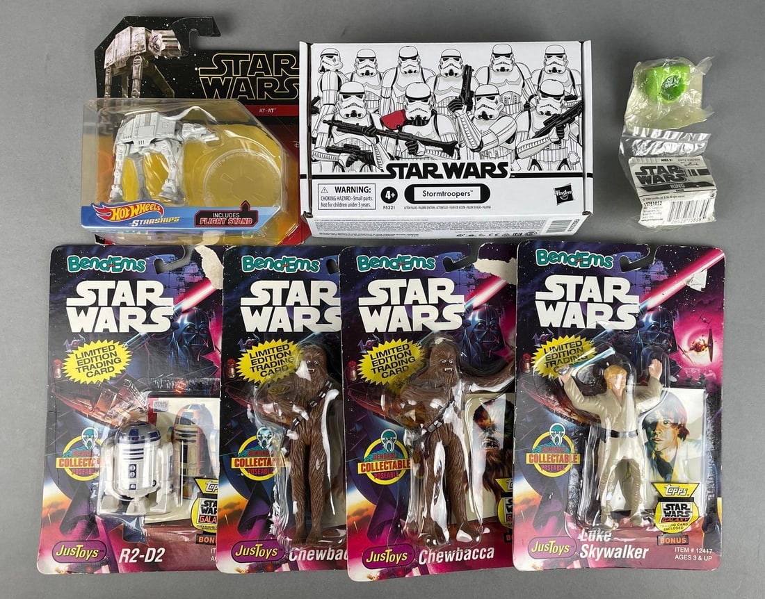 Group of Star Wars Bend-Ems Figures and More: Includes hot wheels at-at, Yoda rings, stormtroopers