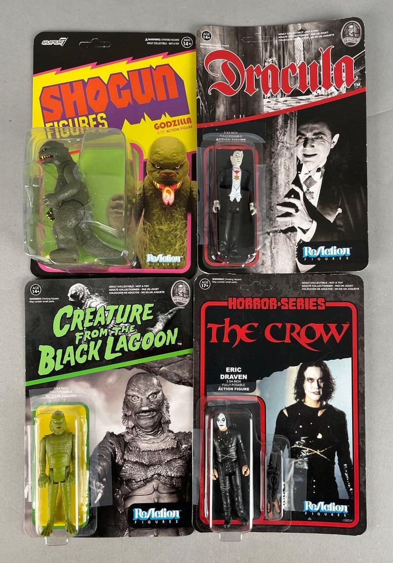 Group of ReAction Universal Monsters Action Figures: Includes horror series the crow, Godzilla, Dracula