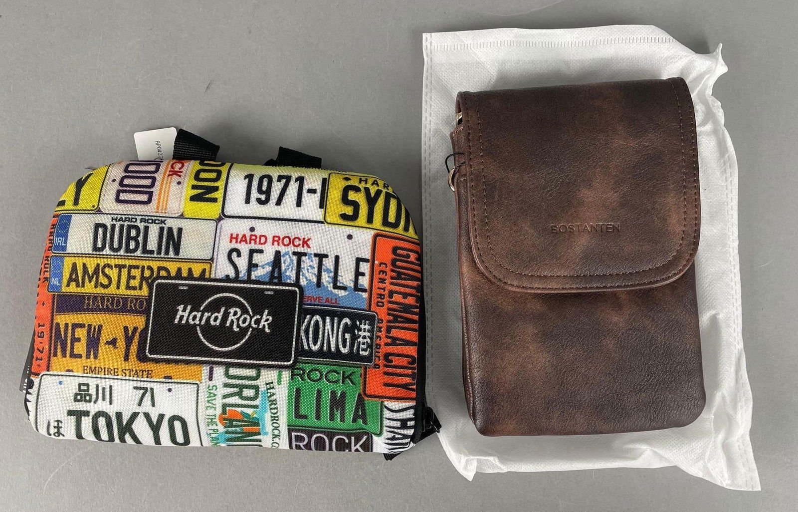 Group of 2 Bags: Includes sackable hard rock, bostanten clutch, largest measures 6 1/2" x 9"