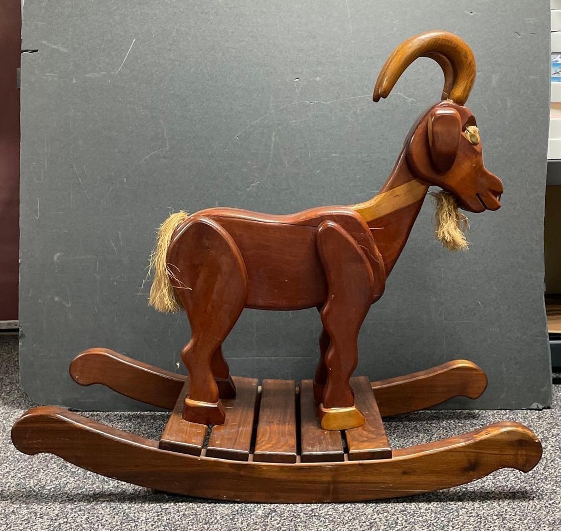Handmade Wood Rocking Goat: No in-house shipping available, 3rd party shipper recommended. Measures 39" x 43" x 17 1/2"
