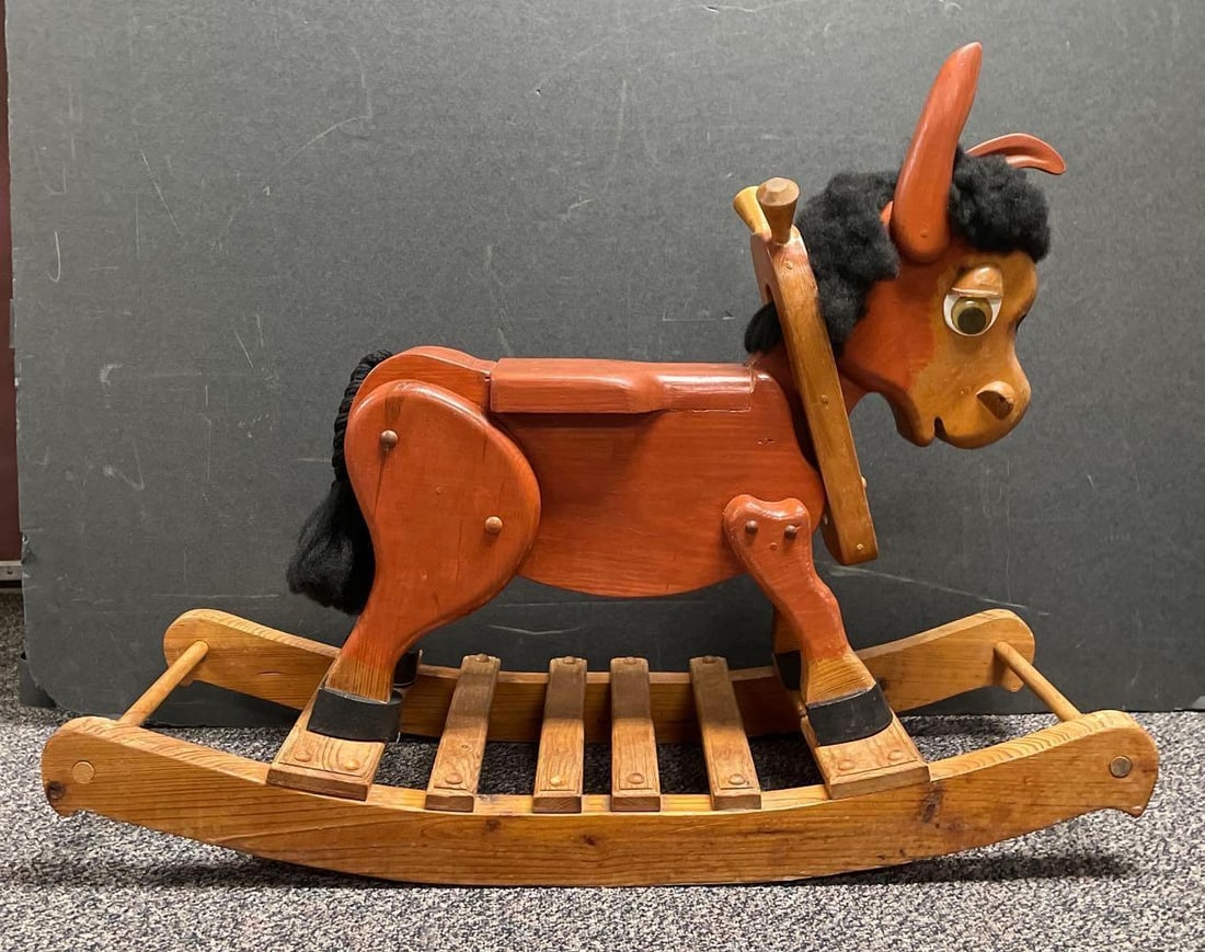 Handmade Wood Rocking Donkey: No in-house shipping available, 3rd party shipper recommended. Measures 30 1/2" x 39 1/2" x 15"