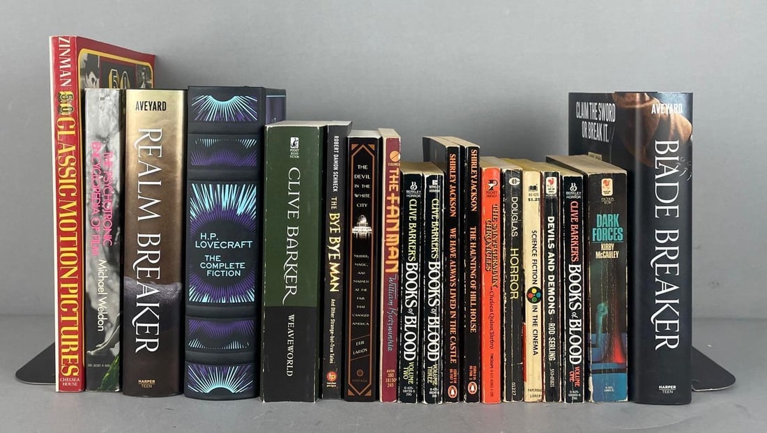 Group of Horror Books and More: Includes Devil in the white city, books of blood, dark forces, largest measures 11" x 8 1/2"
