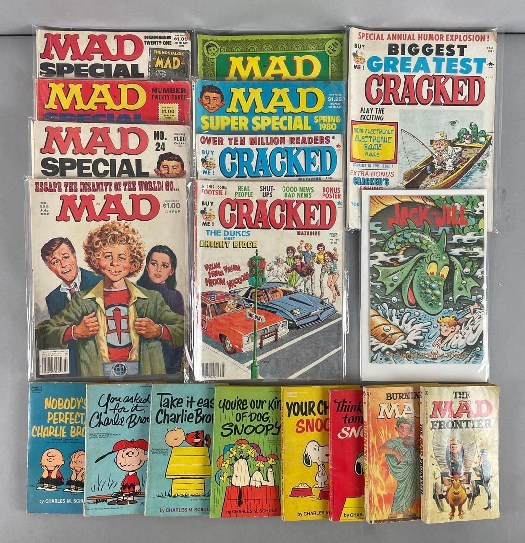 Group of Comic Magazines and Books: Includes mad magazine, cracked, peanuts books