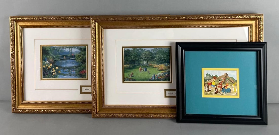 Group of 2 Peter Ellenshaw Disney Winnie the Pooh Lithographs and More: Includes Pooh Bear parade stamp, poohs garden, Pooh sticks, largest frames measure 15 1/2" x 25 1/2"
