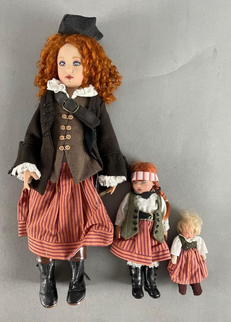 Group of Helen Kish Dolls: Includes 2008 lark of the high seas, tiny pirate Riley with kishlet pirate doll, largest measures 14 3/4"