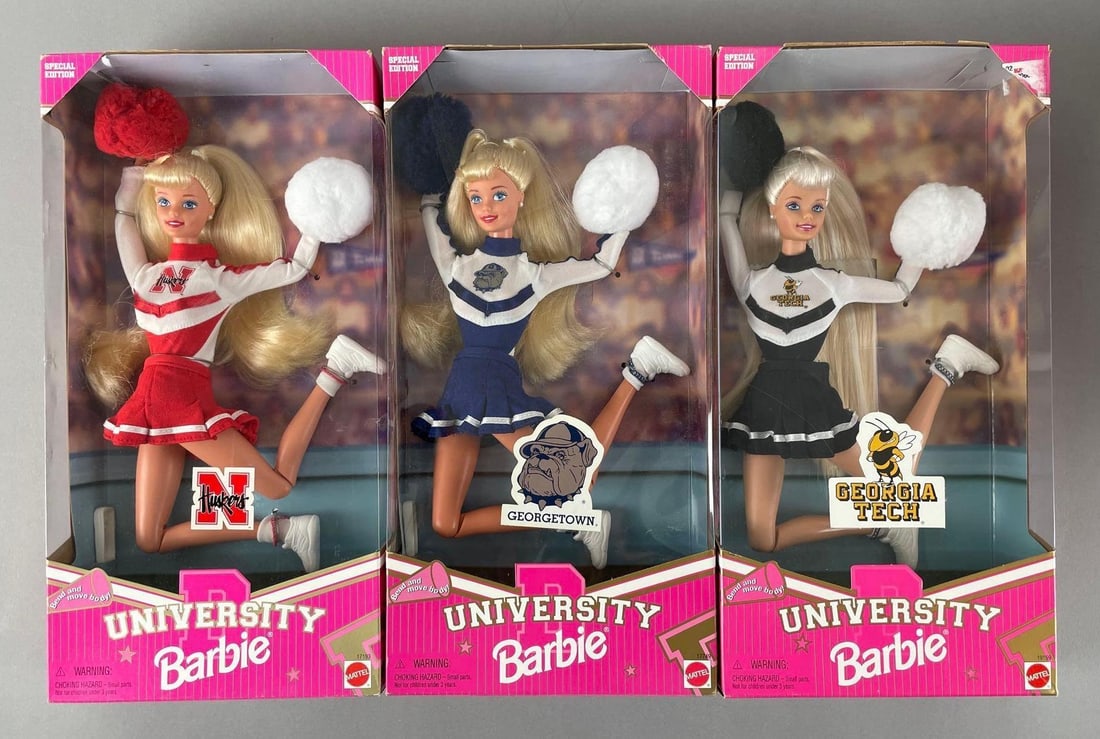 Group of 1996 Mattel Barbie University Fashion Dolls: Includes Georgia tech, Georgetown, Nebraska, original packaging