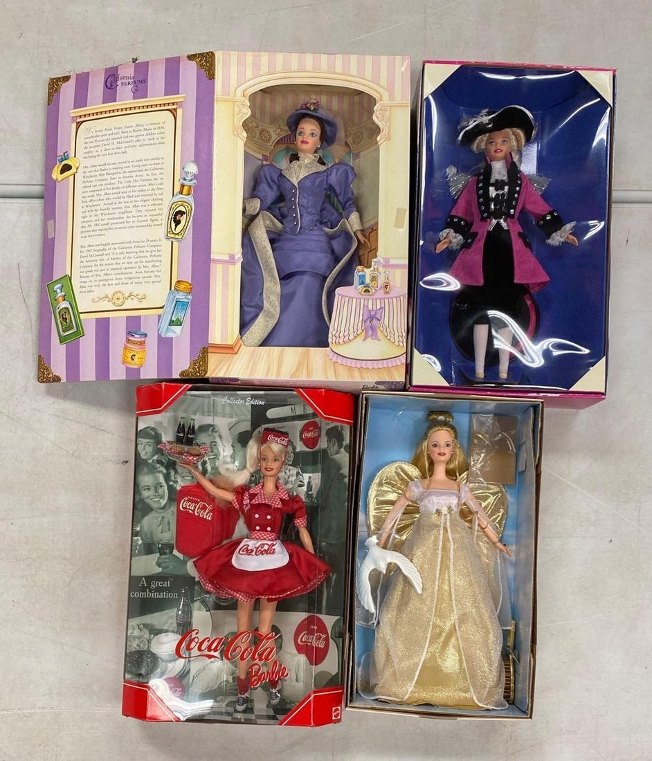 Group of 4 Assorted Mattel Barbie Fashion Dolls: Includes George, Coca-Cola and more, each doll measures 11 1/2” H