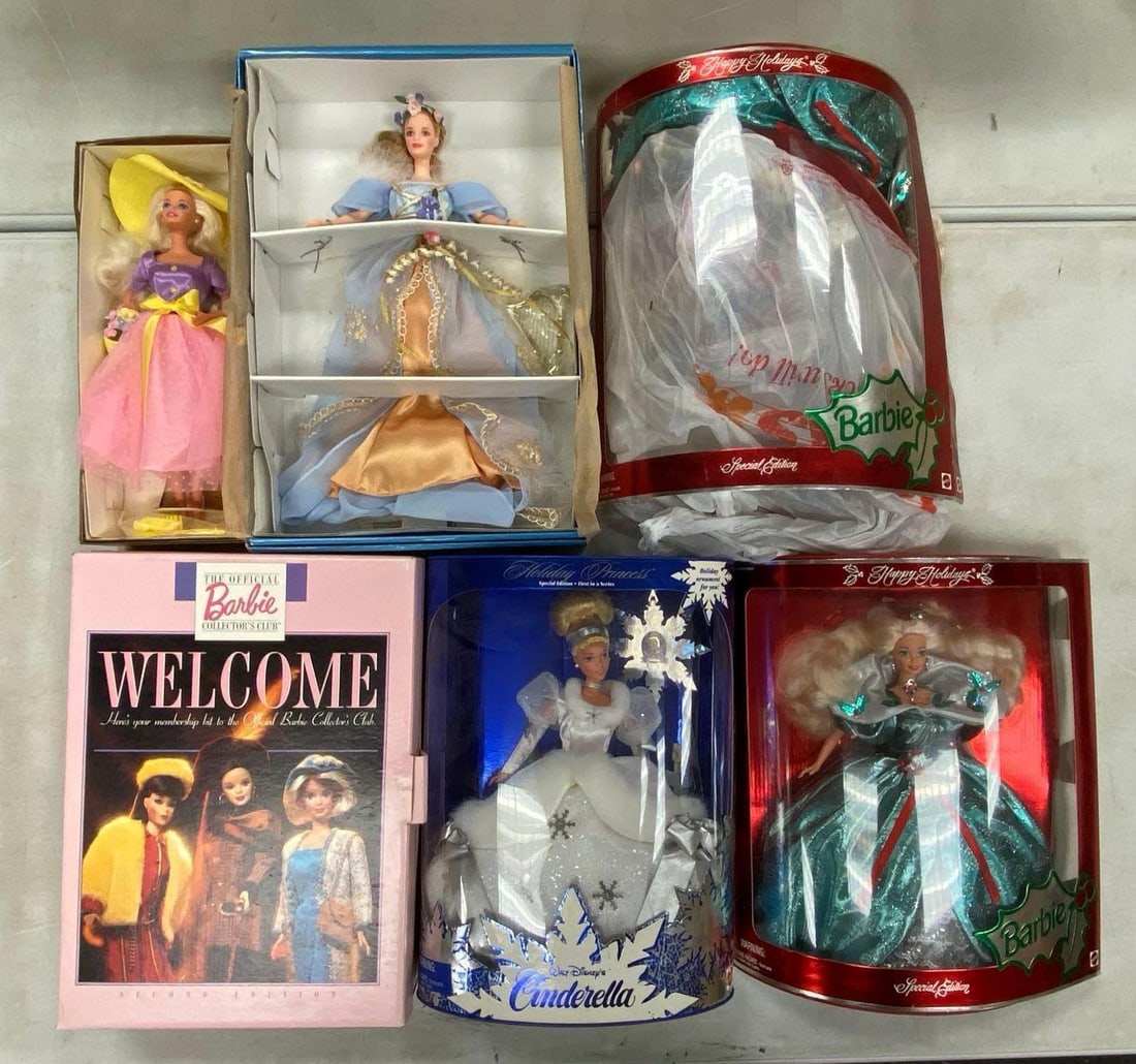 Group of Assorted Mattel Barbie Fashion Dolls: Includes one box full of Accessoires shown, shelf wear shown, each doll measures 11 1/2” H