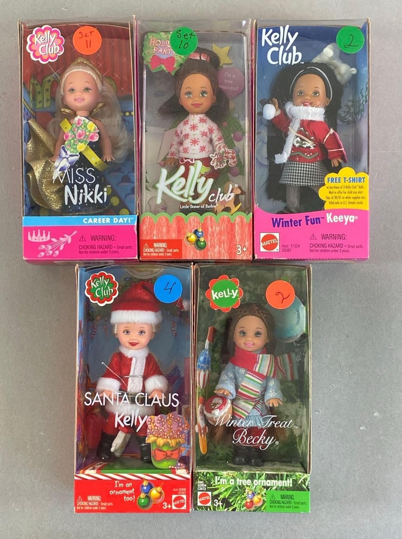 Group of Mattel Kelly Fashion Dolls: Includes Santa Claus Kelly, Winter Treat, Miss Nikki and more, like new in boxes, each doll measures 4” H