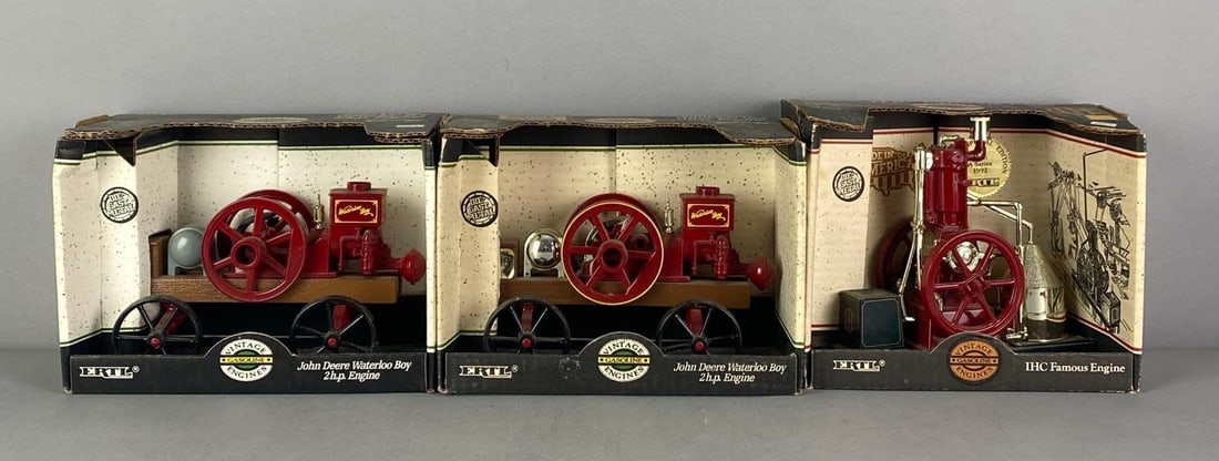 Group of 3 ERTL Die-Cast Vintage Gasoline Engines: 1/6 scale, in original boxes, includes John Deere Waterloo boy and IHC Famous Engine