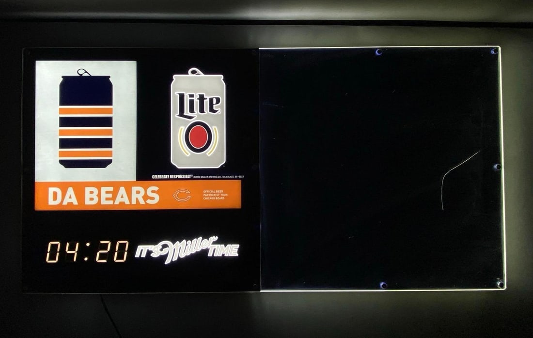 Miller Lite Chicago Bears Light Up Clock Advertising Feature Board: Miller Lite Chicago Bears Light Up Clock Advertising Feature Board, In working condition, measures 18” H x 35 1/2” W