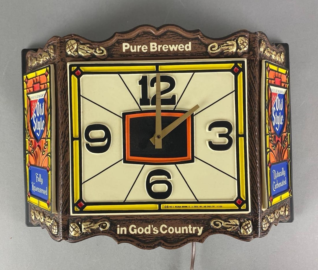1983 Heilemane Old Style Beer Vacuform Light Up Advertising Clock Sign: Light and clock In working condition, measures 12” H x 17 1/2” W x 5 1/2” D
