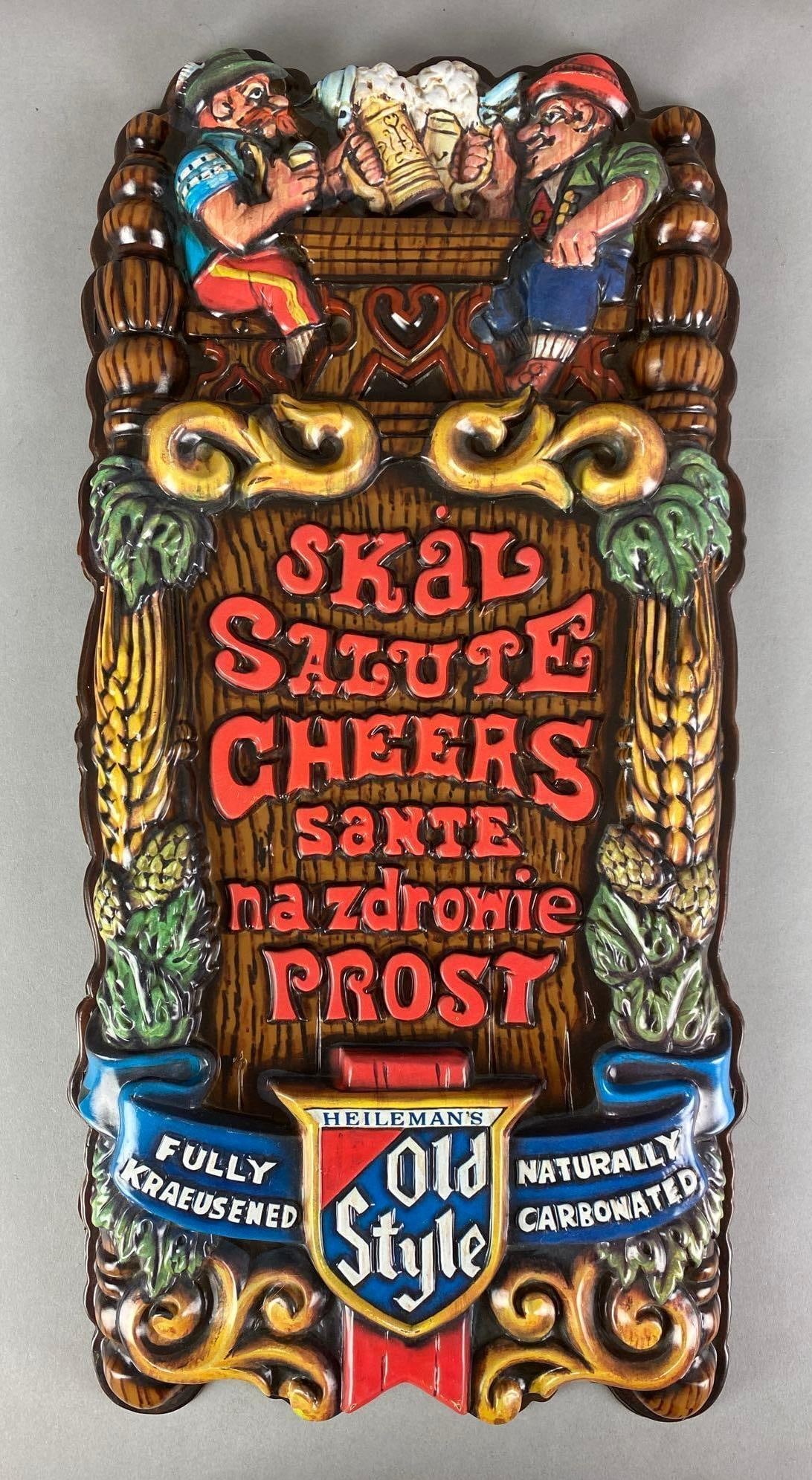 1977 Heilemans Old Style Beer Cheers Vacuform Advertising Sign: Measures 25” H x 12” W x 2” D