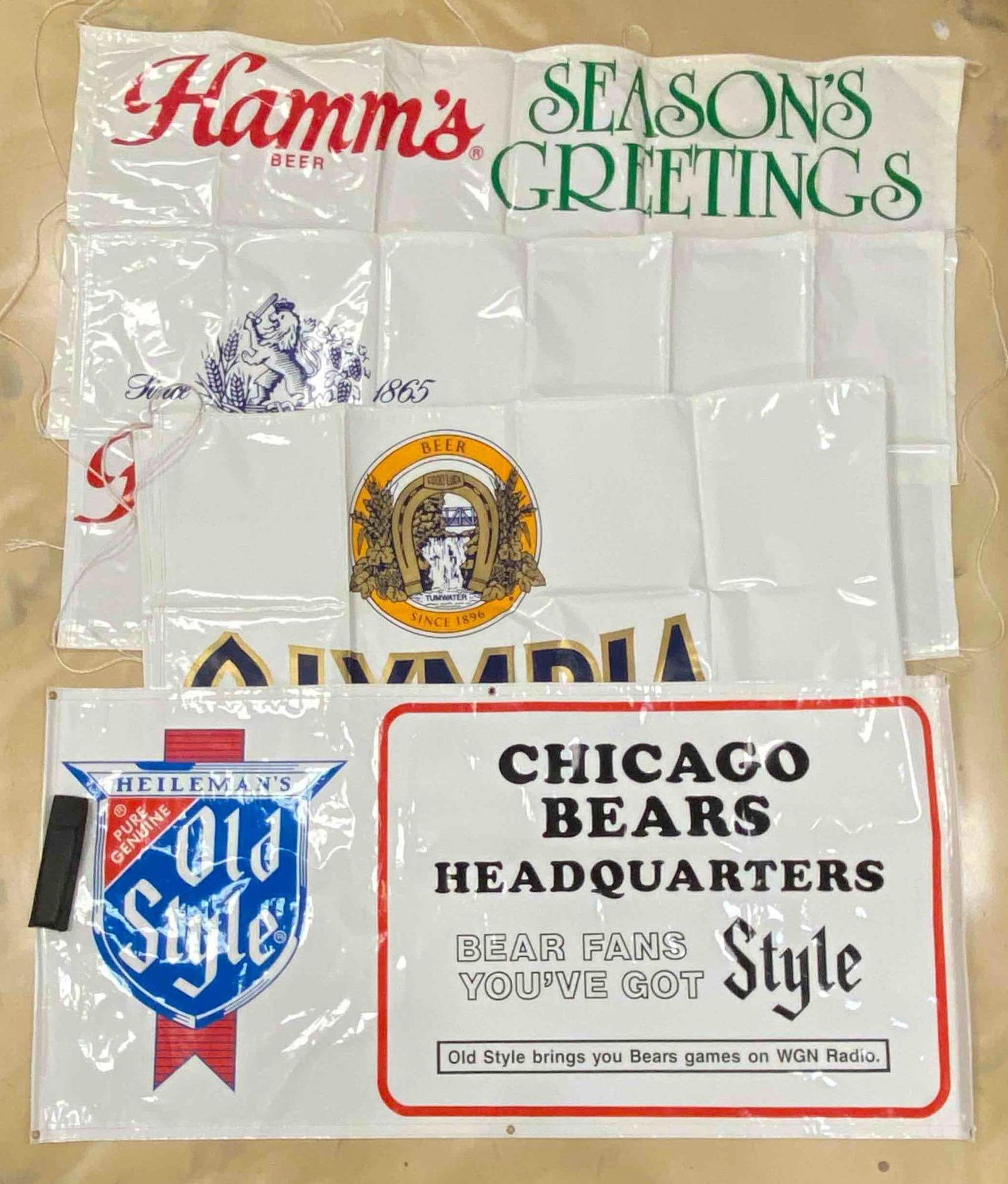 Group of 4 Beer Advertising Banners: Includes Hamms, Heilemans old style and Olympia, largest measures 33” H x 116” W