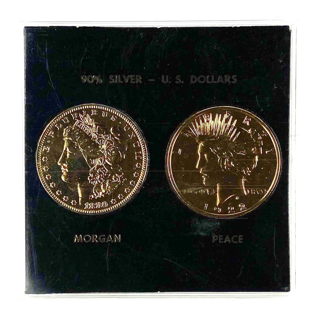 Group of 2 US Silver Dollars Set: Includes 1880 US Silver Morgan Dollar and US Silver Peace Dollar.