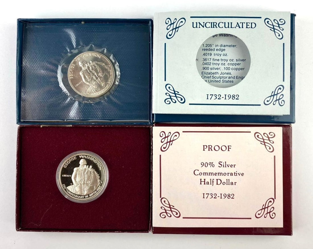 Group of 2 United State Mint Commemorative Washington Half Dollars: 250th anniversary of the birth of George Washington. Contains .3617 Oz fine Silver.