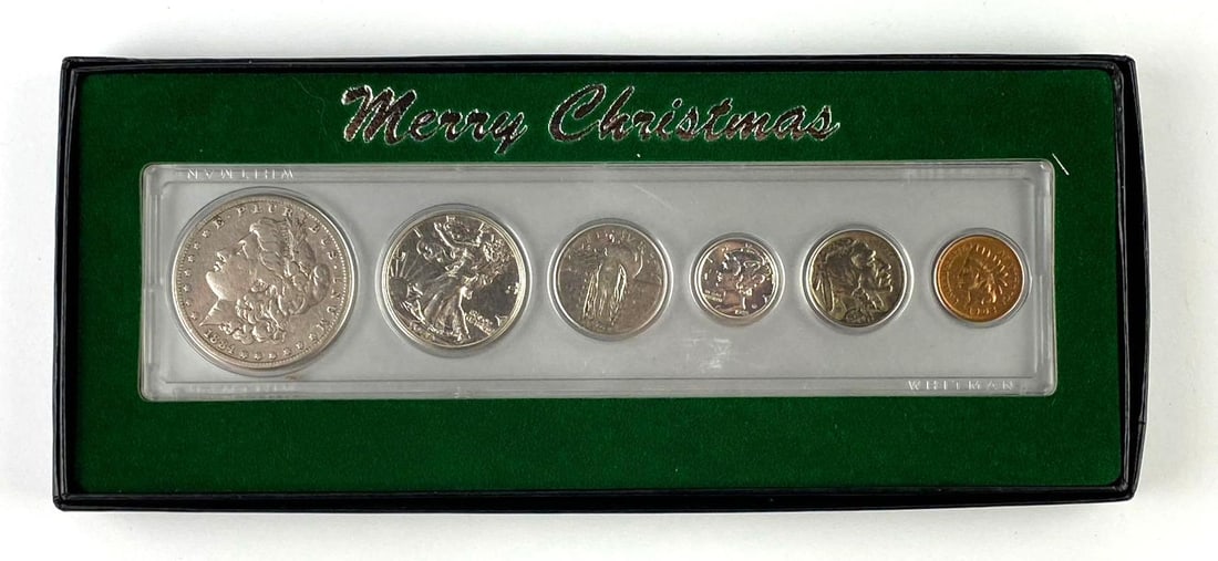 Whitman US Christmas Coin Set: Includes 1884 IS Morgan Silver Dollar, 1944 US Liberty Half Dollar, and more.