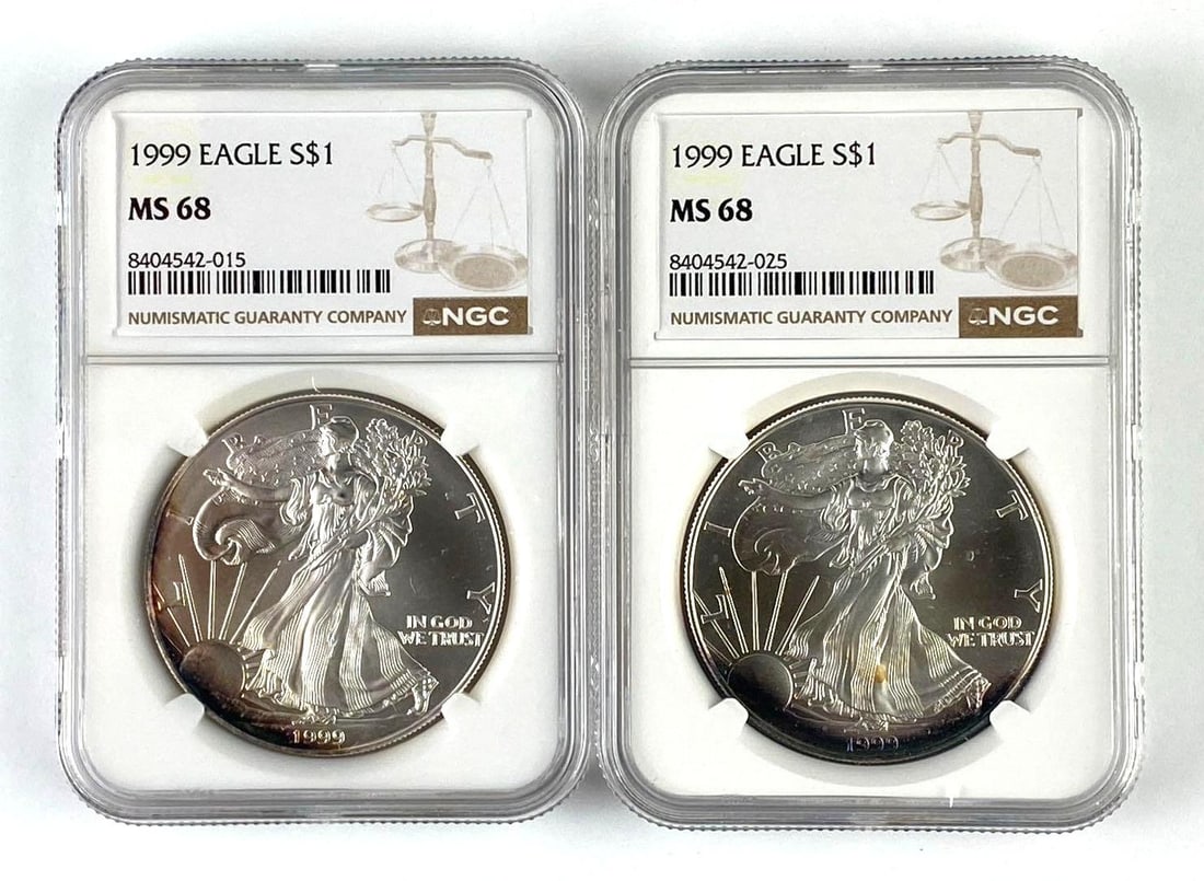 Group of 2 1999 US 1 Oz American Silver Eagle NGC Graded MS68 (1 of 2)