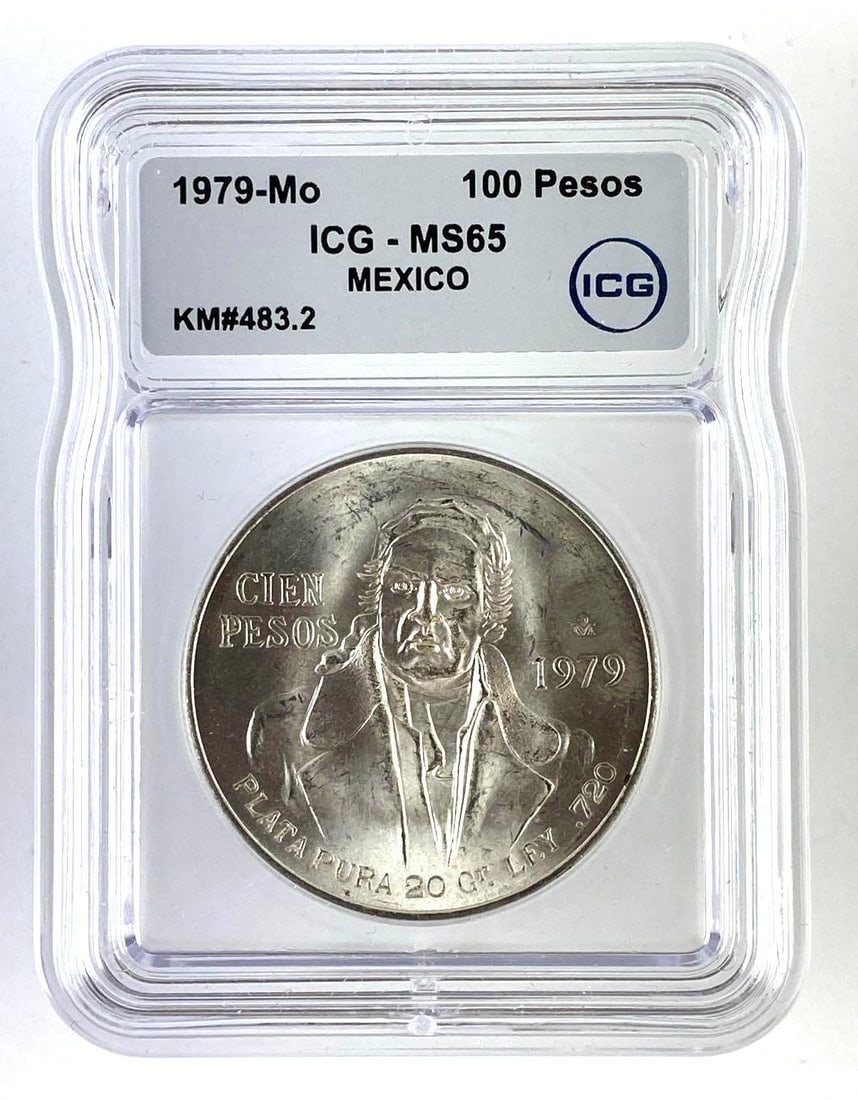 1979 Mo Mexico 100 Pesos Jose Maria Morelos 1 Oz .999 Fine Silver ICG Graded MS65: 1979 Mo Mexico 100 Pesos Jose Maria Morelos .999 Fine Silver ICG Graded MS65