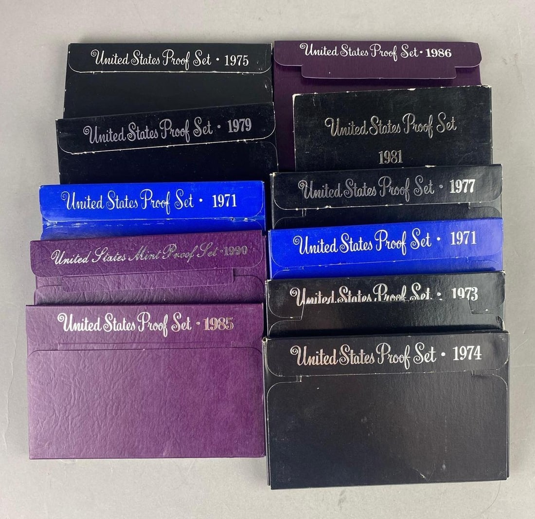 Group of 10 United States Mint Proof Sets: Includes years 1971-1990.