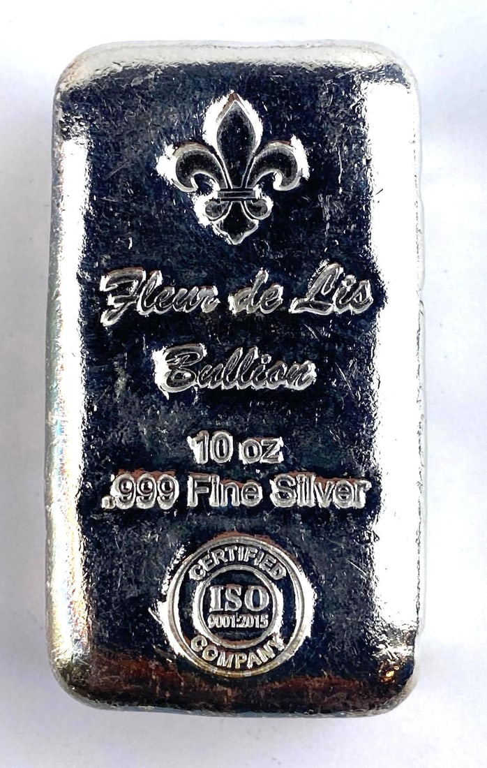 Fleur De Lis Bullion 10 Oz .999 Fine Silver Ingot/ Bar: Fleur De Lis Bullion 10 Oz .999 Fine Silver Ingot/ Bar