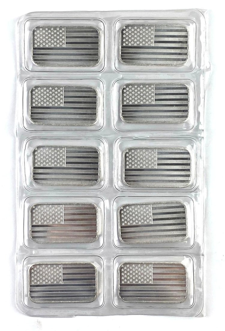 Group of 10 American Flag 1 Oz .999 Fine Silver Ingot/ Bar: Group of 10 American Flag 1 Oz .999 Fine Silver Ingot/ Bar