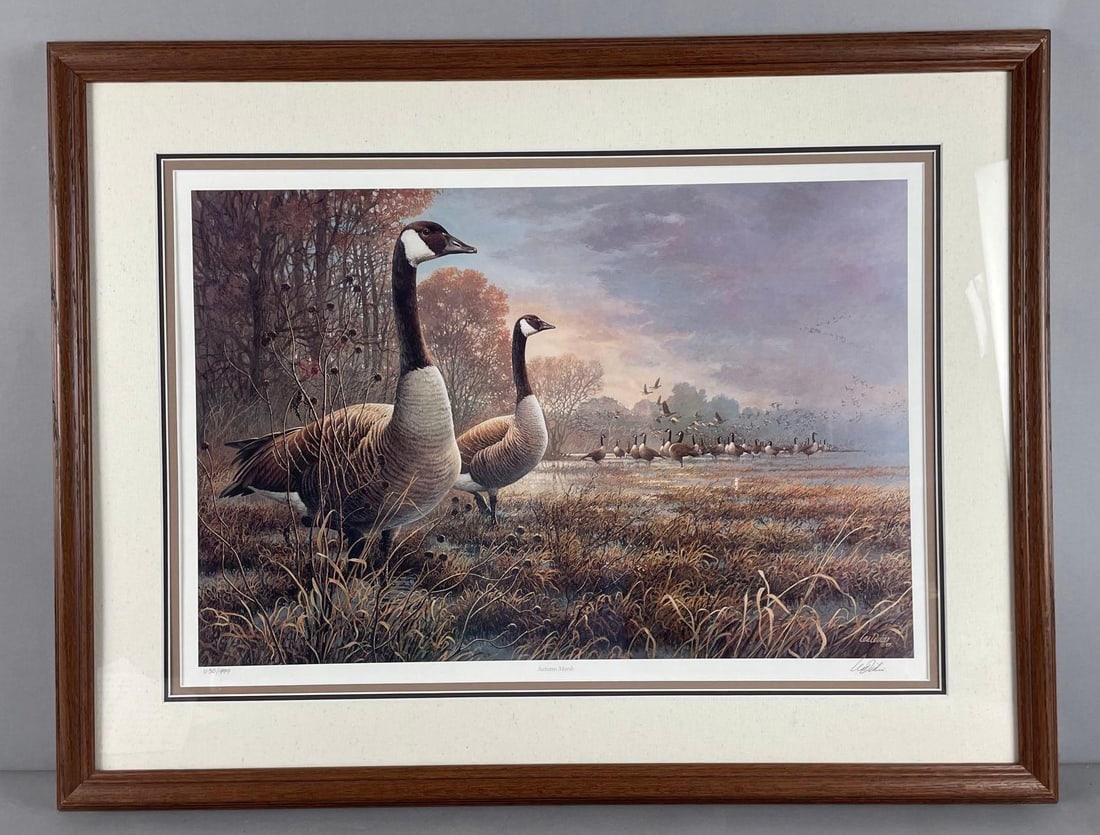 Signed and Numbered Les Didier Autumn Marsh Geese Lithograph: No. 630/999, COA and artist biography on back, frame measures 25 1/2" x 33 1/2"