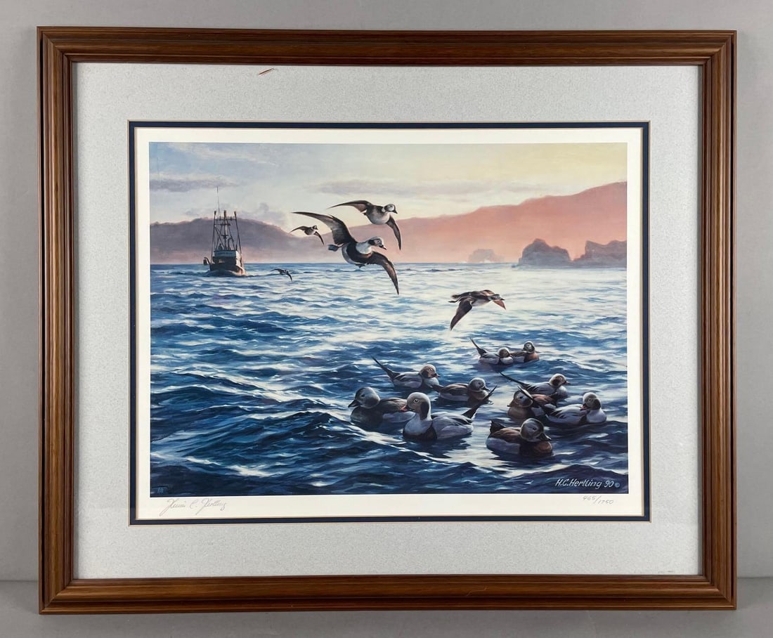 Signed and Numbered H.C Hertling Ducks Lithograph: No. 465/1750, frame measures 22 1/2" x 27"