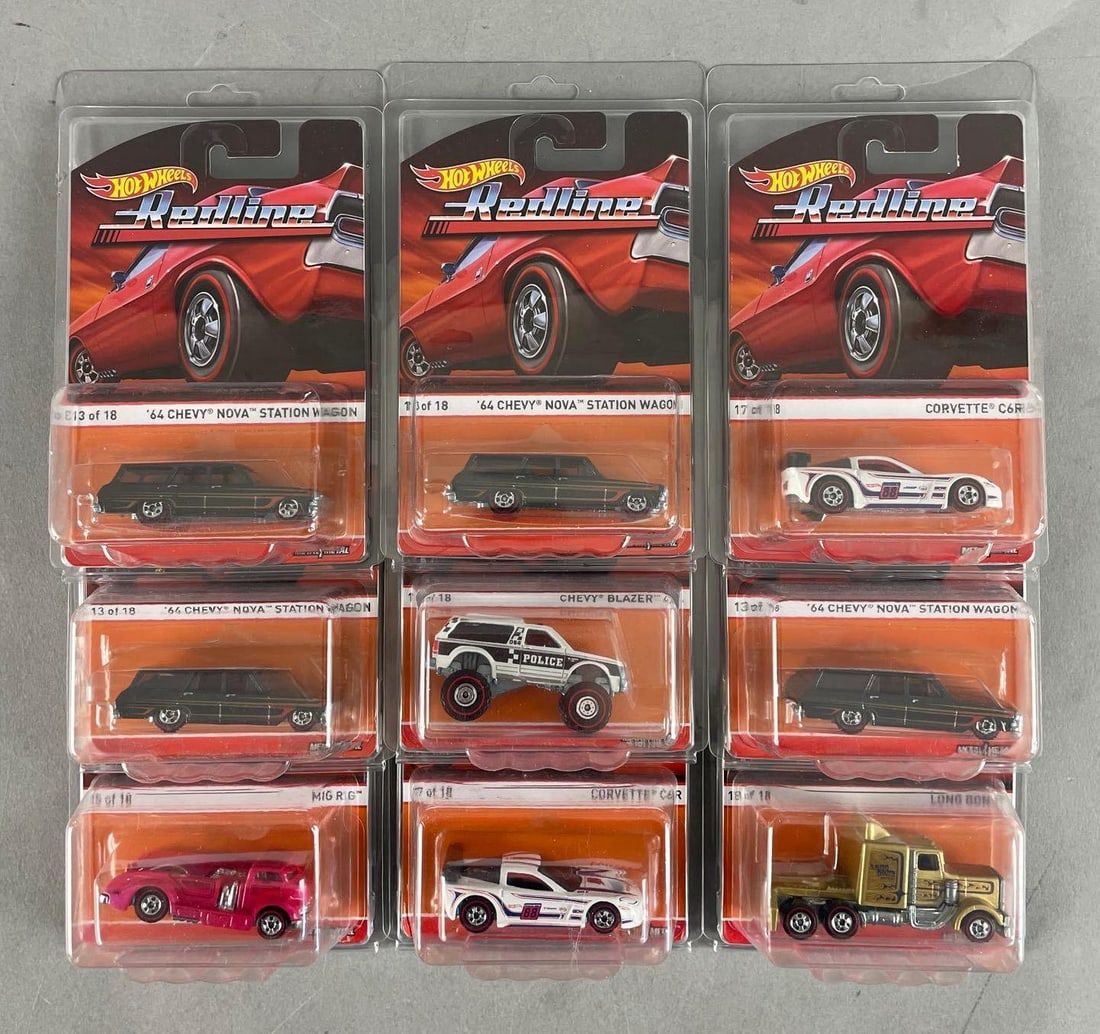 Group of 2015 Mattel Hot Wheels Redline Die-Cast Vehicles: Includes corvette C6R, police Chevy blazer