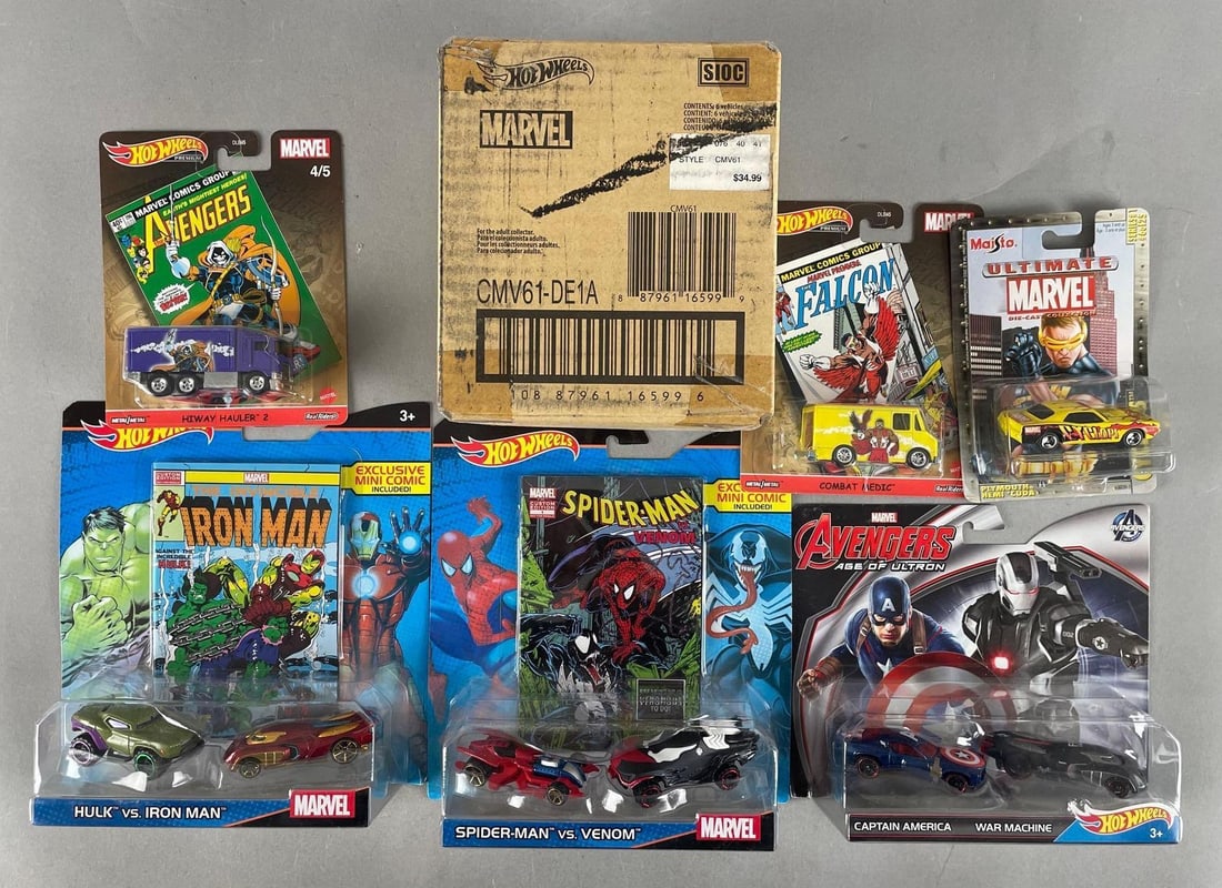 Group of Mattel Hot Wheels Marvel Die-Cast Vehicles: Includes mini comic sets, sealed shipping box