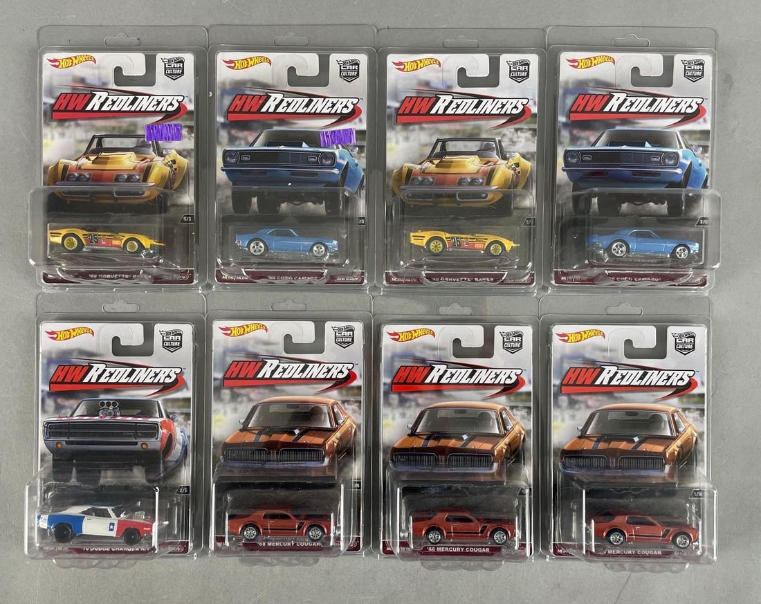 Group of Mattel Hot Wheels HW Redliners Die-Cast Vehicles: Includes 68 cougar, 69 corvette racer