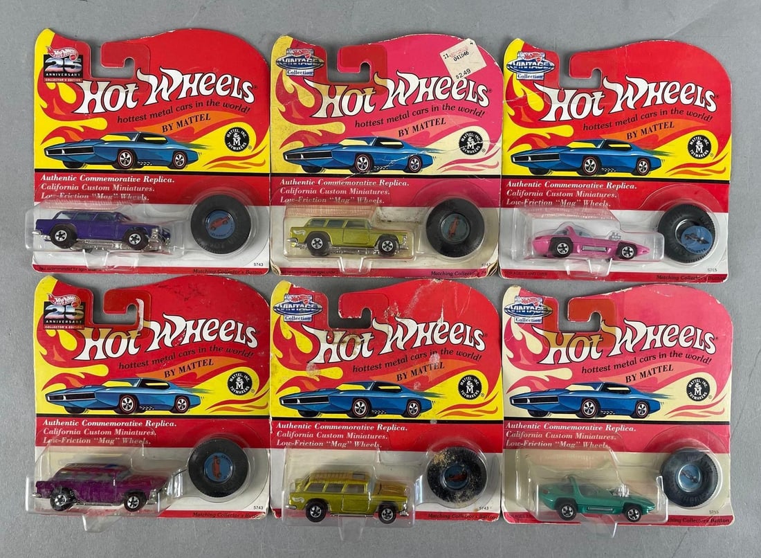 Group of 1990s Mattel Hot Wheels Redline Die-Cast Vehicles: With matching buttons